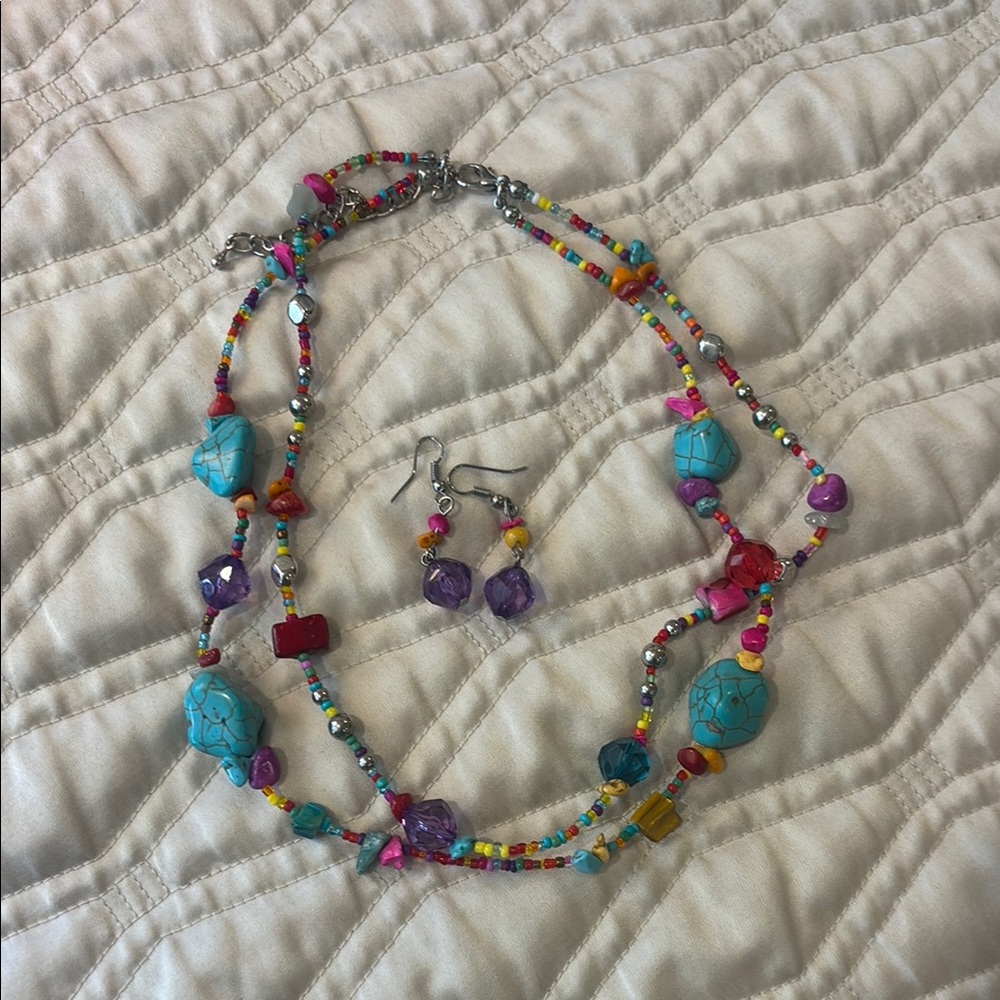 Turquoise/ Colorful Beaded Necklace and Earring Set